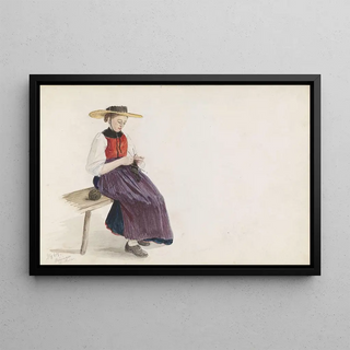 Adolph Tidemand - Strikkende ung pike med bred hatt Meiringen.webp