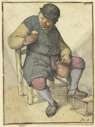 Adriaen van Ostade - Sitzender Bauer von vorn mit Krug und Glas.webp