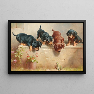 Carl Reichert - Curious dachshund puppies and a frog.webp
