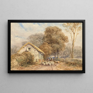 David Cox - A traveller on horseback with a shepherd and his sheep by a barn on a country road.webp