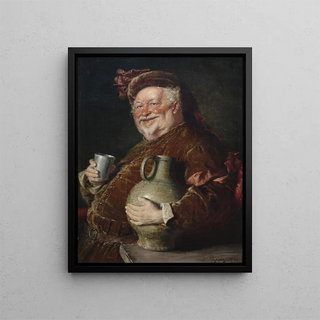 Eduard von Grtzner - Falstaff at the table with a wine jug and pewter cup.webp