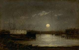 Edward Mitchell Bannister - Untitled moon over a harbor wharf scene with full moon and masts of boats.webp