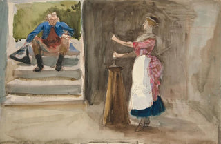 Edwin Austin Abbey - Woman churning butter man in Revolutionary dress watching.webp