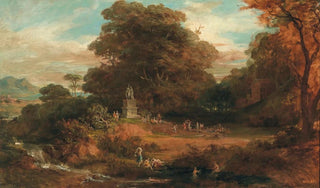 Friedrich von Amerling - A Vast Idealised Landscape with Antique Figures around a Double Statue of Mars and Venus Temple Architecture in the Background.webp