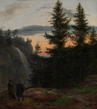 Johan Christian Dahl - Two Men before a Waterfall at Sunset.webp
