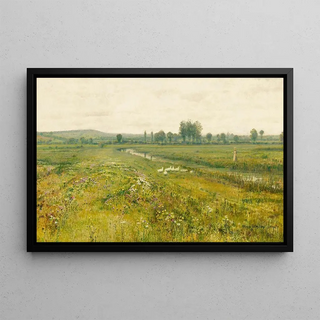 John Atkinson Grimshaw - An extensive meadow landscape with geese by a stream.webp