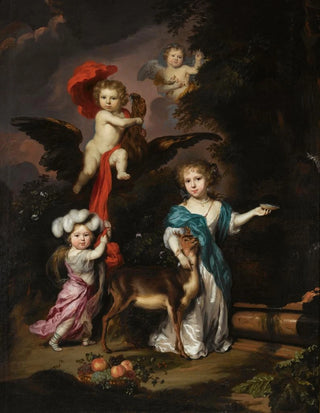 Nicolaes Maes - Pastoral Family Portrait of Four Children Personifying Mythological Figures Including Ganymede And Diana With a Deer.webp