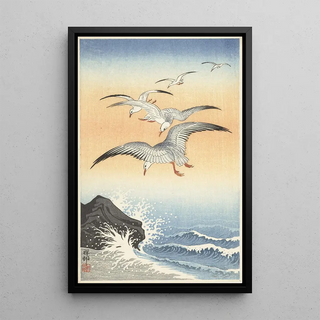 Ohara Koson - Five seagulls above turbulent sea.webp