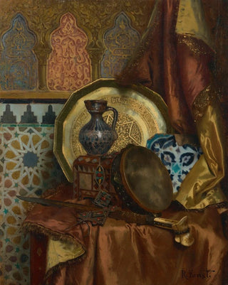 Rudolf Ernst - A Tambourine Knife Turkish Box Turkish Jug Moroccan Tile and Plate on a Satin Covered Table.webp