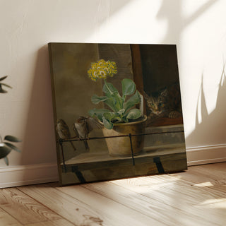 Kunstdruck | Stillleben mit Primel in einer Blumenvase, einer Katze und zwei Spatzen - Martinus Rørbye