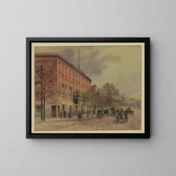 Vue de Washington, regardant le long de la Pennsylvania Avenue vers le Capitole inachevé, Hôtel National à gauche, n° 2 - A Meyer — gerahmtes Bild an der Wand