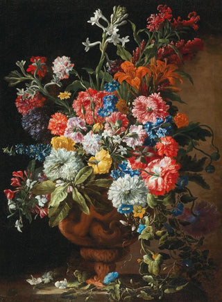 Abraham Brueghel - Carnations lillies nigellas and other flowers in a decorative terracotta vase on a stone ledge.webp
