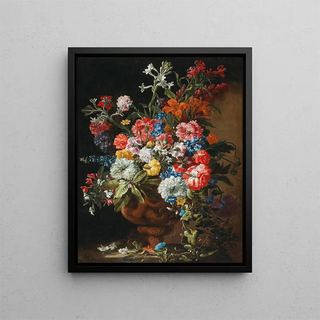 Abraham Brueghel - Carnations lillies nigellas and other flowers in a decorative terracotta vase on a stone ledge.webp