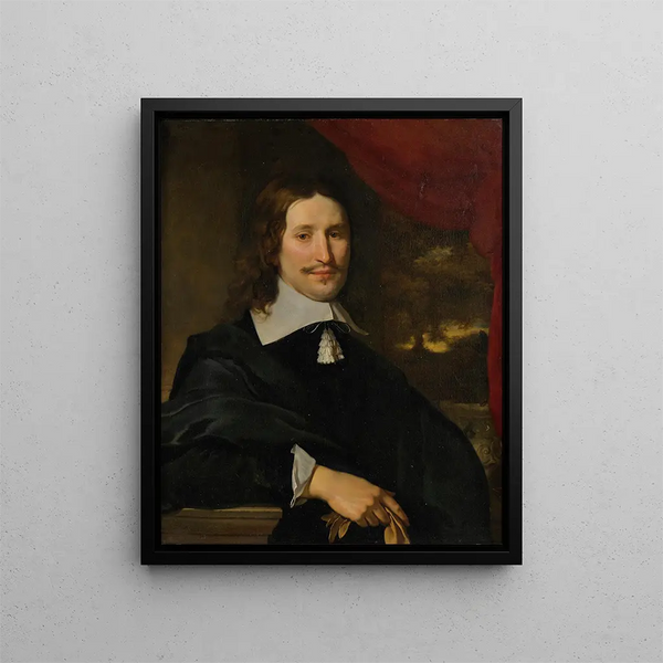 Portrait eines Gentlemans mit Handschuhen im Brustbild vor einer Landschaft - Abraham Lambertsz van den Tempel — gerahmtes Bild an der Wand