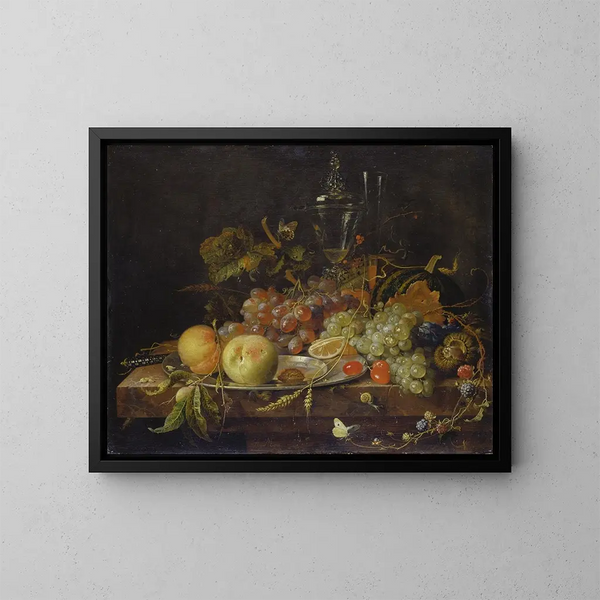 Stillleben mit Früchten, Blechplatte und Weingläser - Abraham Mignon — gerahmtes Bild an der Wand