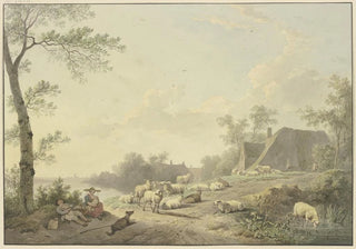 Abraham Teerlink - An einem Weg bei Bauernhusern eine Schafherde.webp