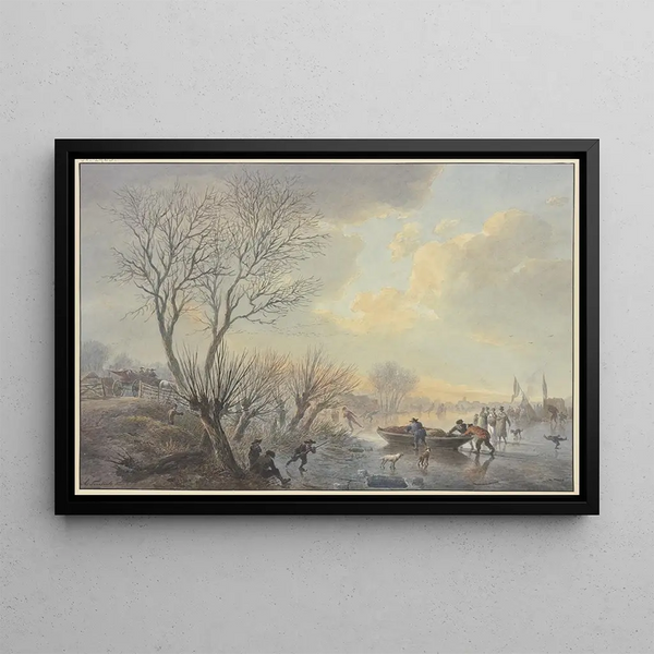 Winterlandschaft auf dem Eis, drei Männer schieben ein Boot an Land, mit zwei stehenden Hunden - Abraham Teerlink — gerahmtes Bild an der Wand