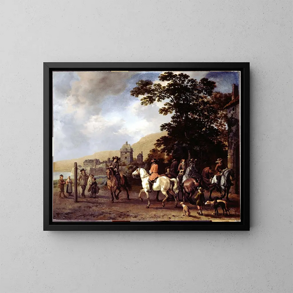 Eine Reiterschule im Freien - Abraham van Calraet — gerahmtes Bild an der Wand