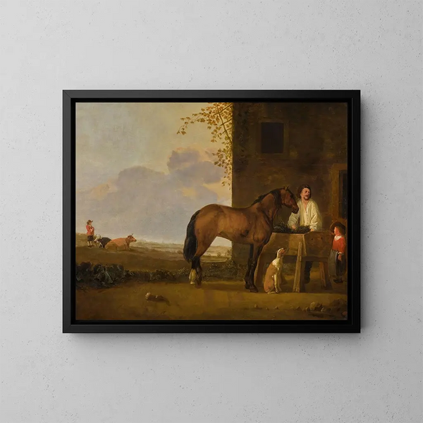Ein Ritter, der sich um sein Pferd kümmert, ein Kuhhirte mit seinem Vieh in der Ferne - Abraham van Calraet — gerahmtes Bild an der Wand