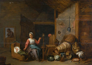 Abraham Willemsens - Interior with a mother spinning yarn by a cradle.webp