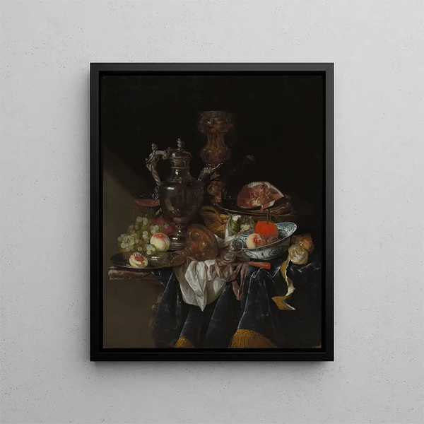 Weinglas aus Silber, Schinken und Früchte - Abraham van Beyeren — gerahmtes Bild an der Wand
