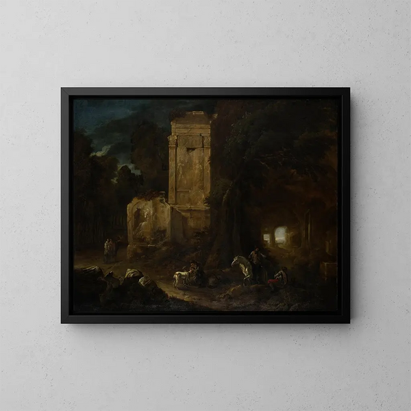 Landschaft mit antiken Ruinen - Abraham van Cuylenborch — gerahmtes Bild an der Wand