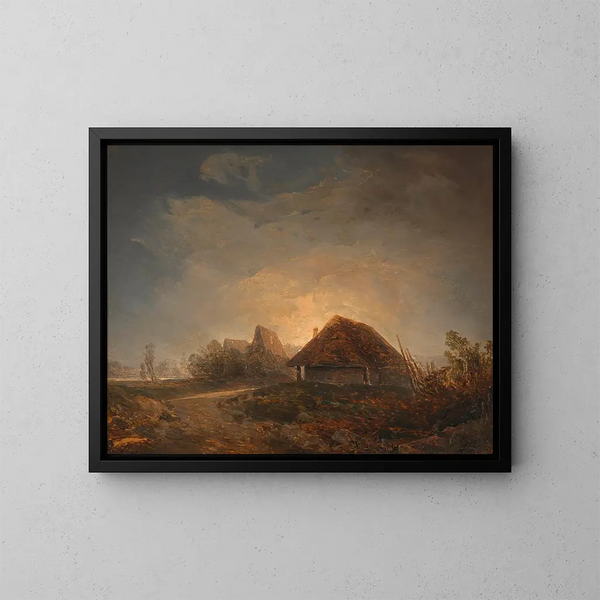 Landschaft im Westen Ungarns mit Hütten und aufgehendem Mond - Adalbert Stifter — gerahmtes Bild an der Wand