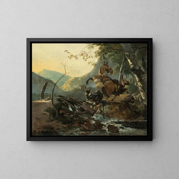 Italienischer Landschafts-Gemälde mit einem Esel und einem aufspringenden Pferd, das eine Brücke in Ruinen überquert - Adam Pynacker — gerahmtes Bild an der Wand