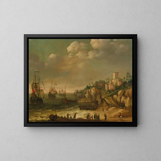 Adam Willaerts - Dutch ships in front of a rocky coast with figures buildings beyond.webp