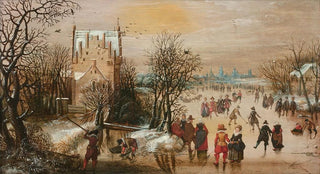 Adam van Breen - Paysage dhiver avec patineurs et chasseurs une ville dans le lointain.webp