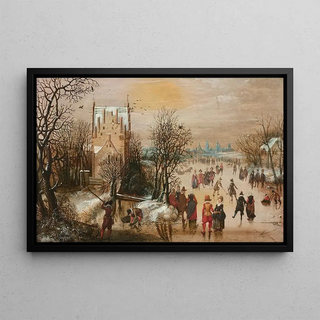 Adam van Breen - Paysage dhiver avec patineurs et chasseurs une ville dans le lointain.webp