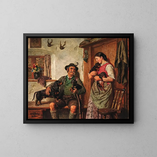 Ein Jäger mit Alpin Dachsbracke Welpen - Adolf Eberle — gerahmtes Bild an der Wand