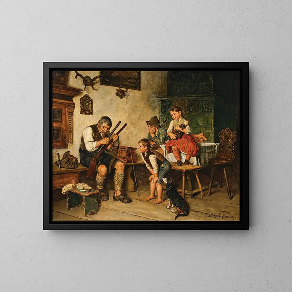 Großvater beim Vorbereiten auf die Jagd - Adolf Eberle — gerahmtes Bild an der Wand