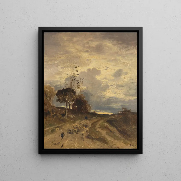 Landschaftsbild des Abends im Herbst mit einer Herde Schafe, die zurückkehrt - Adolf Heinrich Lier — gerahmtes Bild an der Wand