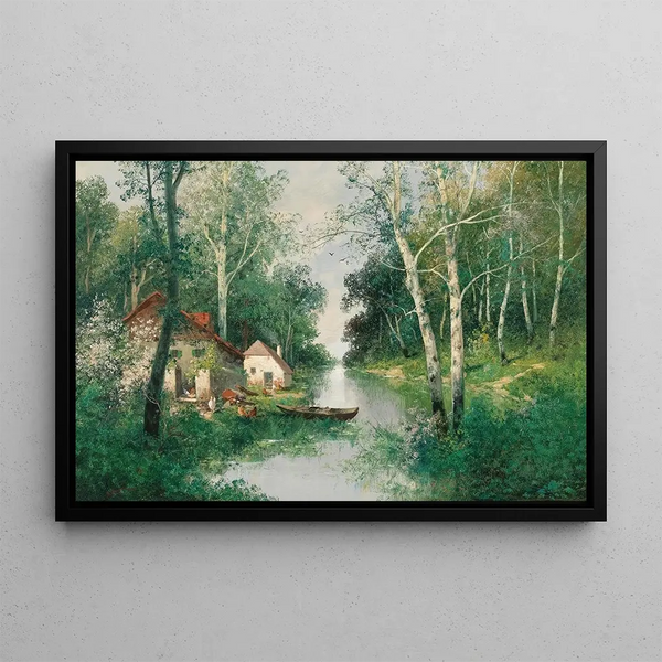 Flusslandschaft im Frühling - Adolf Kaufmann — gerahmtes Bild an der Wand