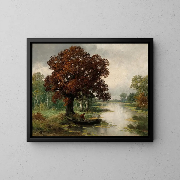 Ein Flusslandschaft mit einem Fischer im Herbst - Adolf Kaufmann — gerahmtes Bild an der Wand
