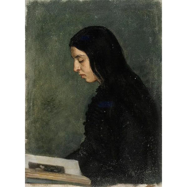 Frau mit schwarzen Haaren liest - Adolf von Becker — gerahmtes Bild an der Wand