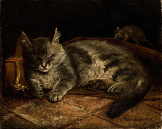 Adolf Von Becker - Sleeping Grey Cat And A Rat.webp