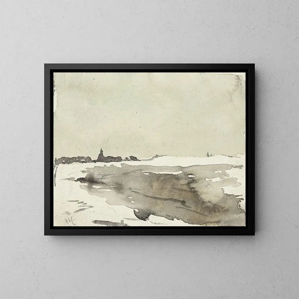 Winterlandschaft mit Kirche in der Ferne - Adolf der Graf — gerahmtes Bild an der Wand