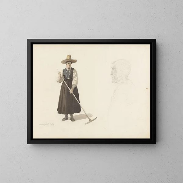 Frau, die eine alte Frau in Svennesund zeigt - Adolph Tidemand — gerahmtes Bild an der Wand