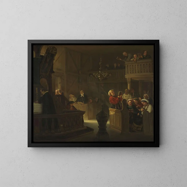 Service in einer norwegischen Landkirche - Adolph Tidemand — gerahmtes Bild an der Wand