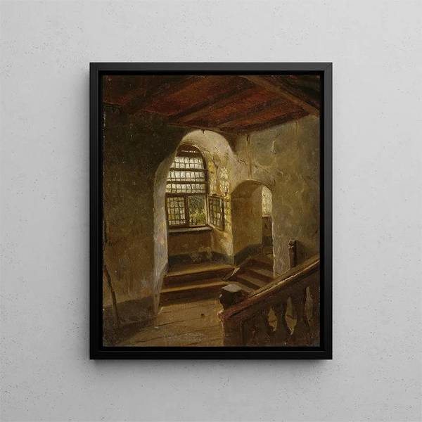 Treppe in einem Schloss am Rhein - Adolph Tidemand — gerahmtes Bild an der Wand