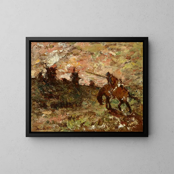 Don Quichotte, der gegen die Windmühlen kämpft - Adolphe Monticelli — gerahmtes Bild an der Wand