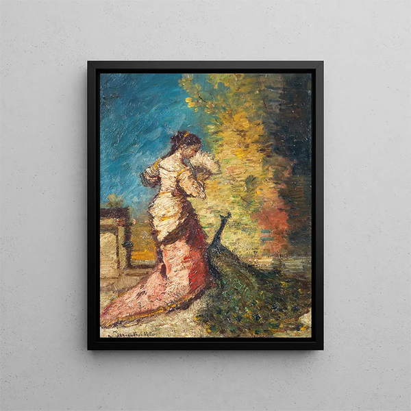 Frau mit Pfau - Adolphe Monticelli — gerahmtes Bild an der Wand