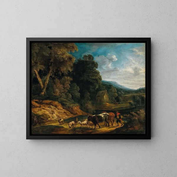 eines Südlandschafts mit Hirten und ihrer Herde - Adriaen Frans Boudewijns — gerahmtes Bild an der Wand