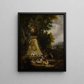 Adriaen de Gryef - Hunting scene in a wooded park land with a pair of hunters and their hounds beside a sculptural plinth.webp