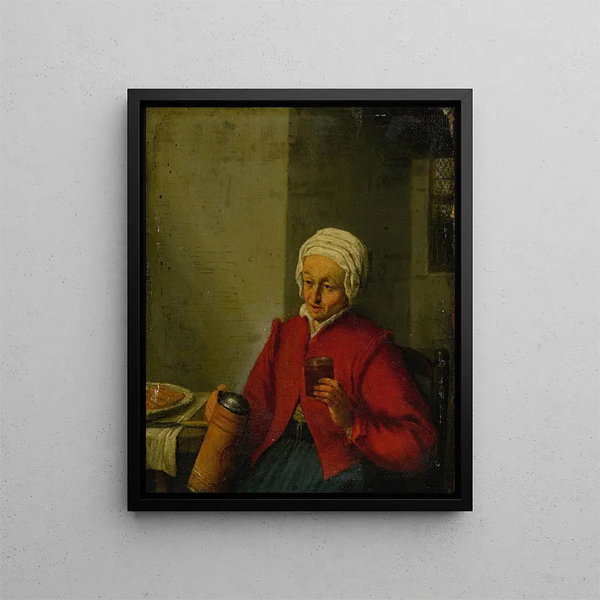 Eine Frau, die einen Krug und eine Tasse hält - Adriaen van Ostade — gerahmtes Bild an der Wand