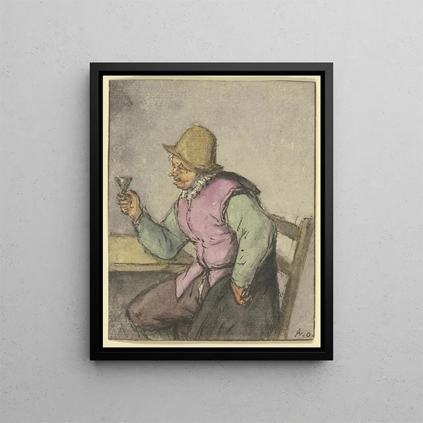 Ein Bauer, der an einem Tisch sitzt, mit einem Glas links - Adriaen van Ostade — gerahmtes Bild an der Wand