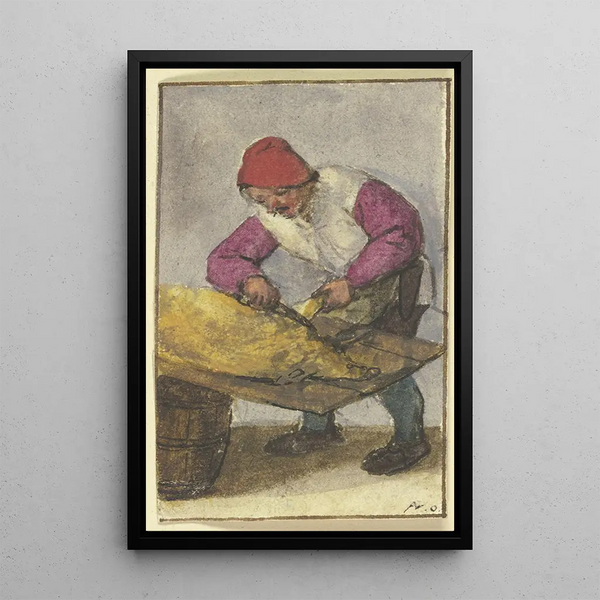 Bauern-Gemälde, nach links gewandt, beim Schlachten eines Schweins - Adriaen van Ostade — gerahmtes Bild an der Wand
