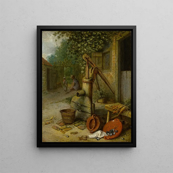 Hof eines Bauernhofs mit Pumpbrunnen - Adriaen van Ostade — gerahmtes Bild an der Wand